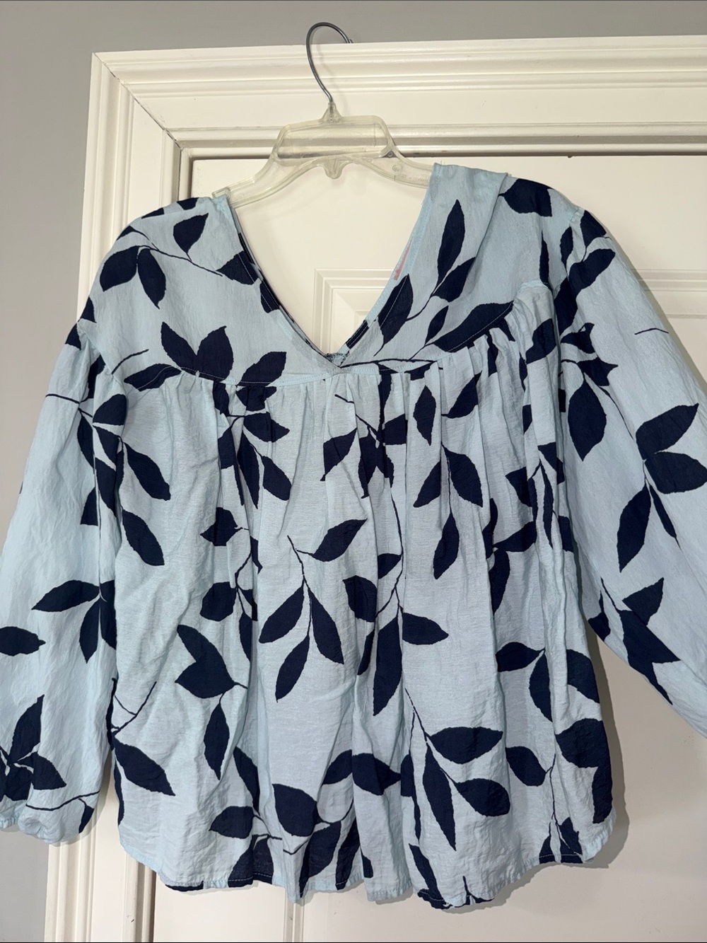 Ces Femme Light Blue V-Neck Blouse with Navy Leaf Print